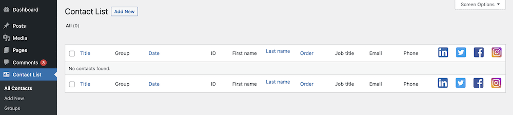 Une liste de contacts vierge dans WordPress.