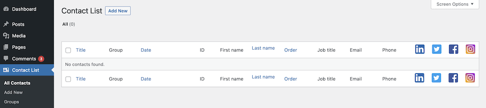 A blank contact list within WordPress.
