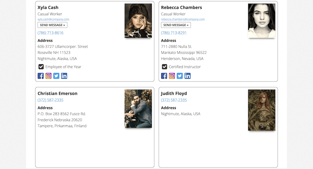 Une liste de contacts sur la page d'accueil d'un site.