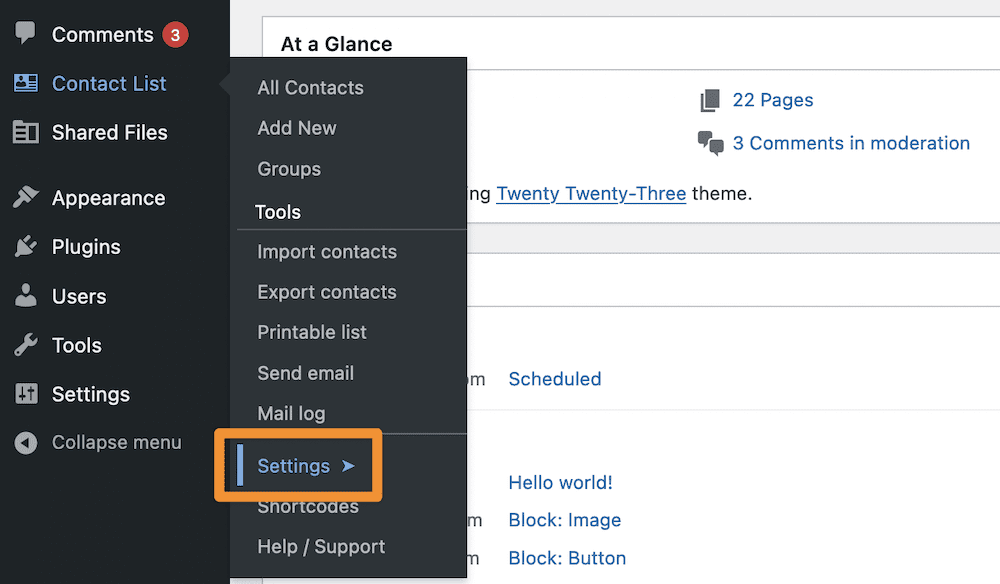 Le lien Liste de contacts > Paramètres dans le tableau de bord de WordPress.