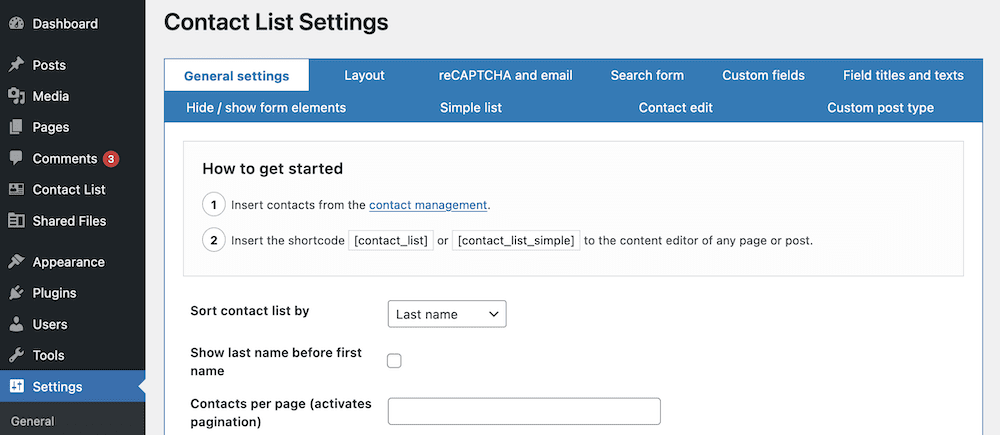 The Contact List Pro settings screen.