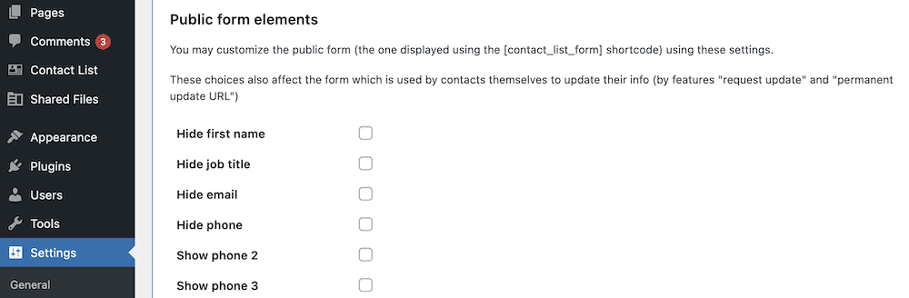 Choosing elements to display on the front-end form for Contact List Pro.