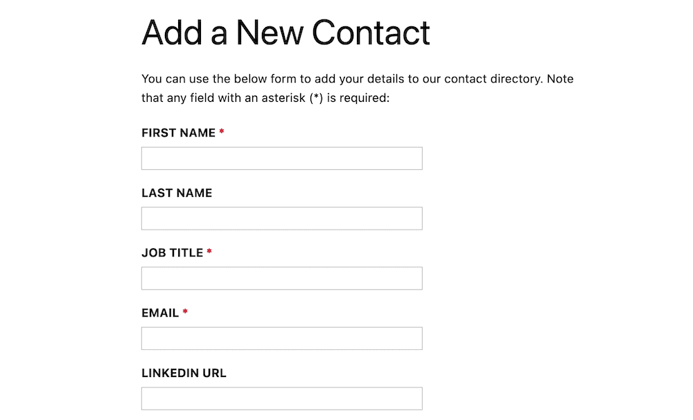 Un formulaire frontal pour les nouvelles soumissions à une liste de contacts.
