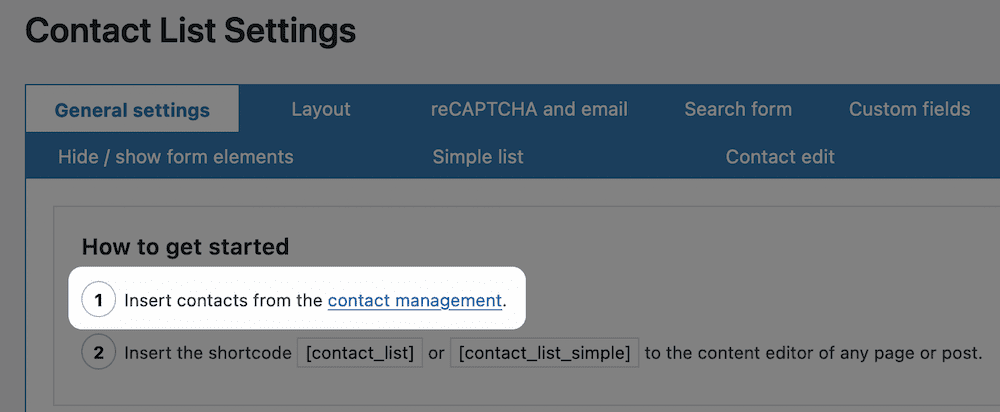 L'onglet Paramètres généraux de Contact List Pro.