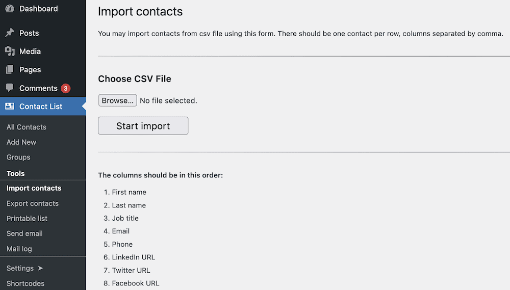 L'écran Importation de contacts de Contact List Pro.