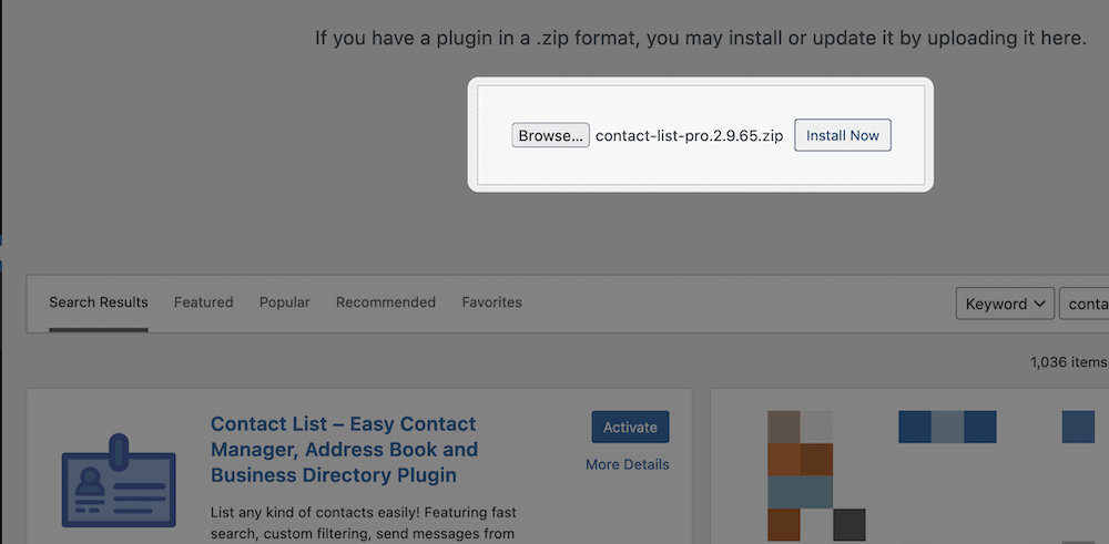 The WordPress plugin upload and the Install Now button.