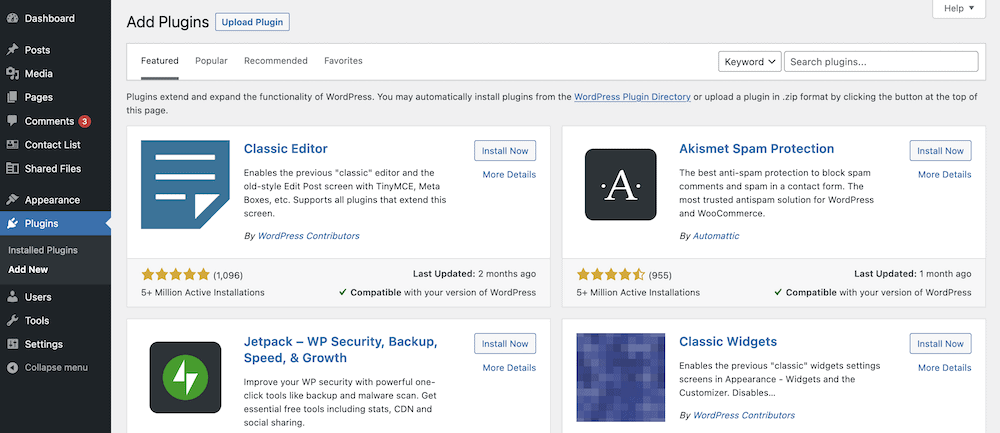 L'écran Plugins > Ajouter un nouveau dans WordPress.