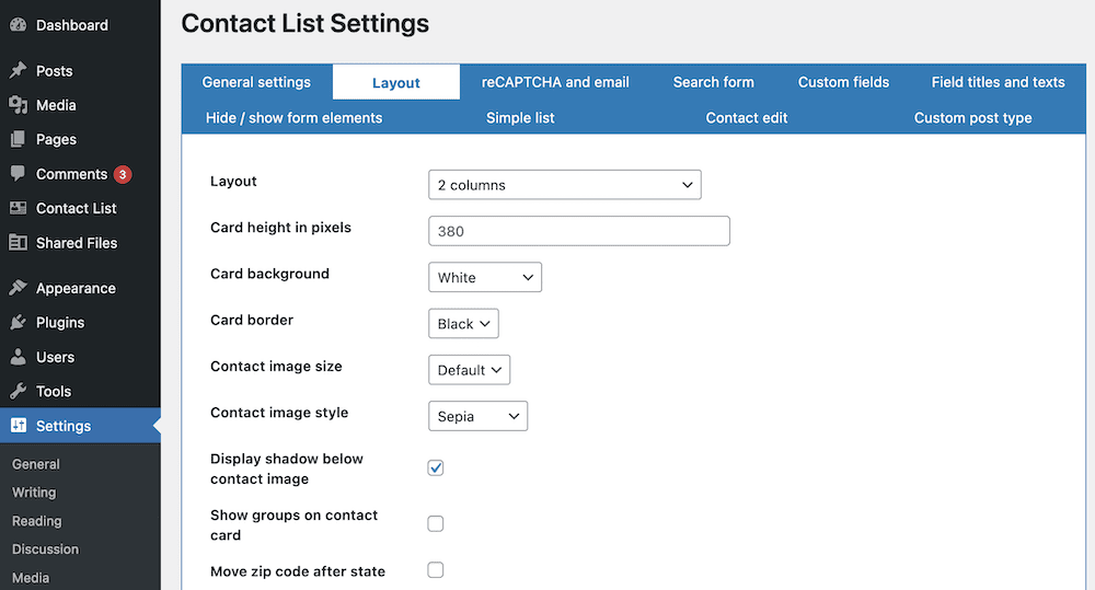 The global layout settings for a contact list.