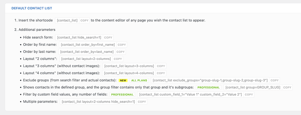 Quelques-unes des options de paramétrage du shortcode pour Contact List Pro.
