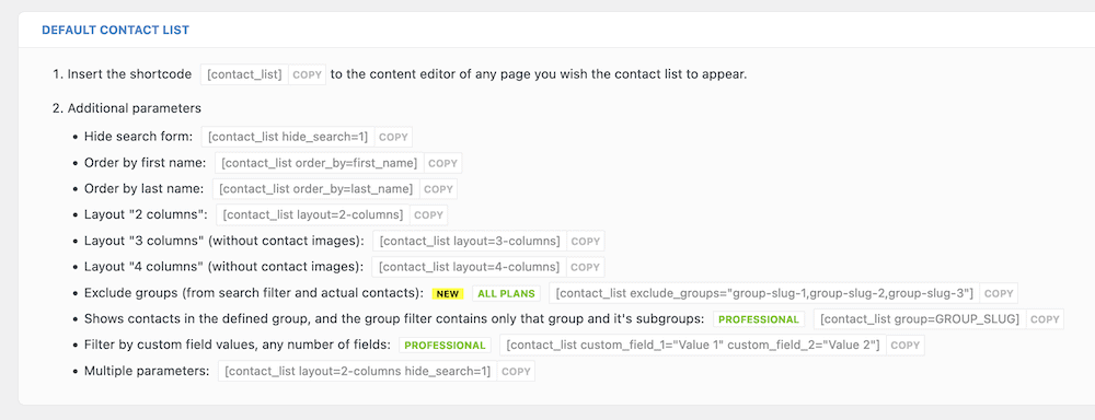 Some of the shortcode parameter options for Contact List Pro.