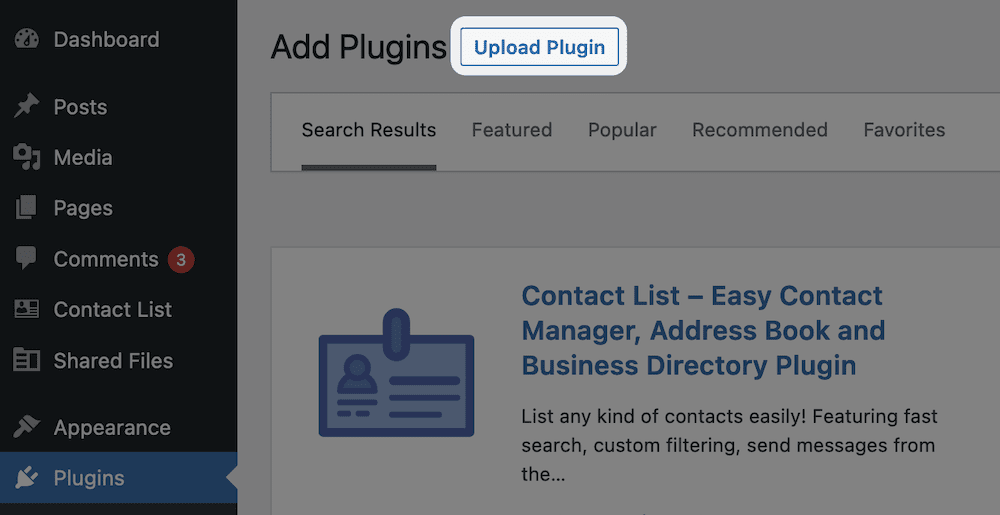 The Upload Plugin button within WordPress.