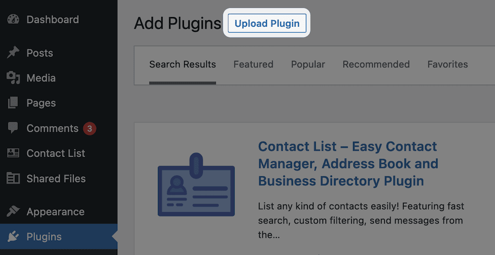Le bouton Upload Plugin dans WordPress.