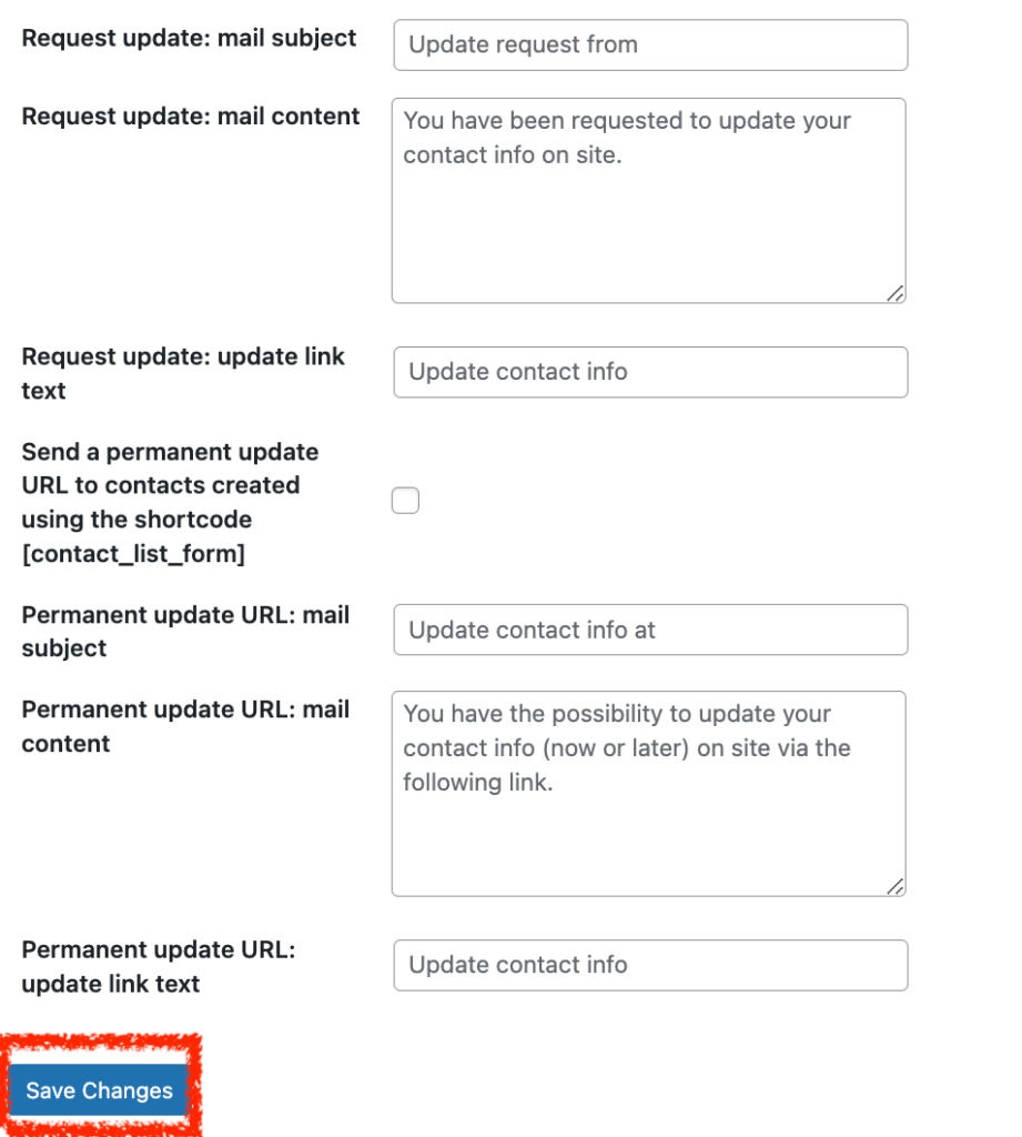 Request Update Mail Text Customization