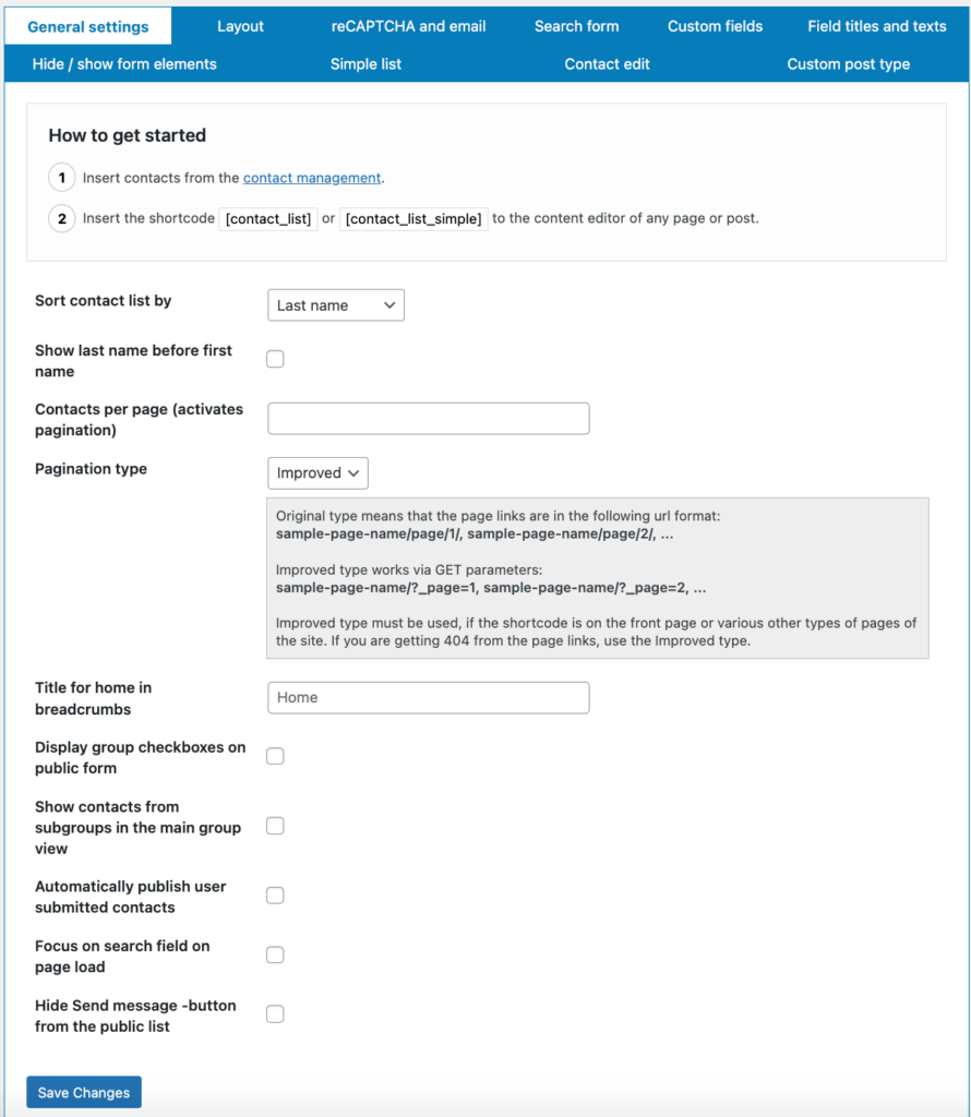 Contact list Plugin - General Settings